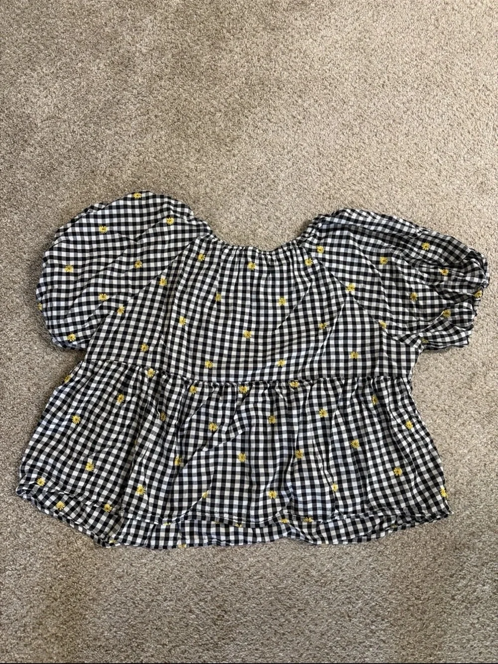 Old Navy Black & White Gingham Puff-Sleeve Peplum Top with Yellow Dots